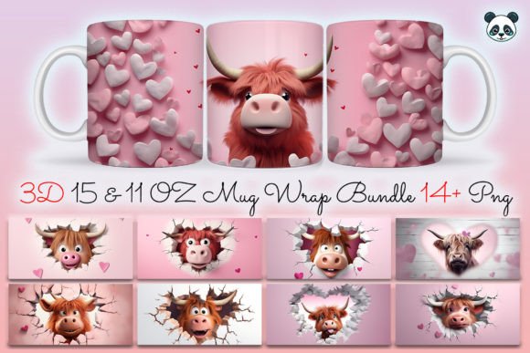 Pink Valentine Highland Cow 3D Mug Wrap